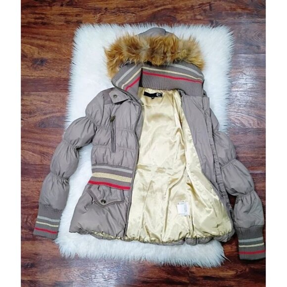 Just Cavalli Womens Puffer Coat S With Fox Fur Hood Taupe Color Down-Filled - Picture 9 of 13